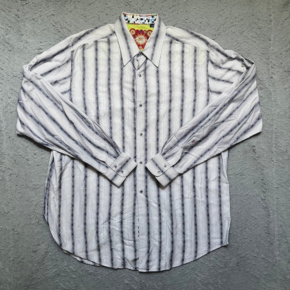 Robert Graham Mens White Striped Embroidered Long Sleeve Button Up Shirt Sz 2XLT